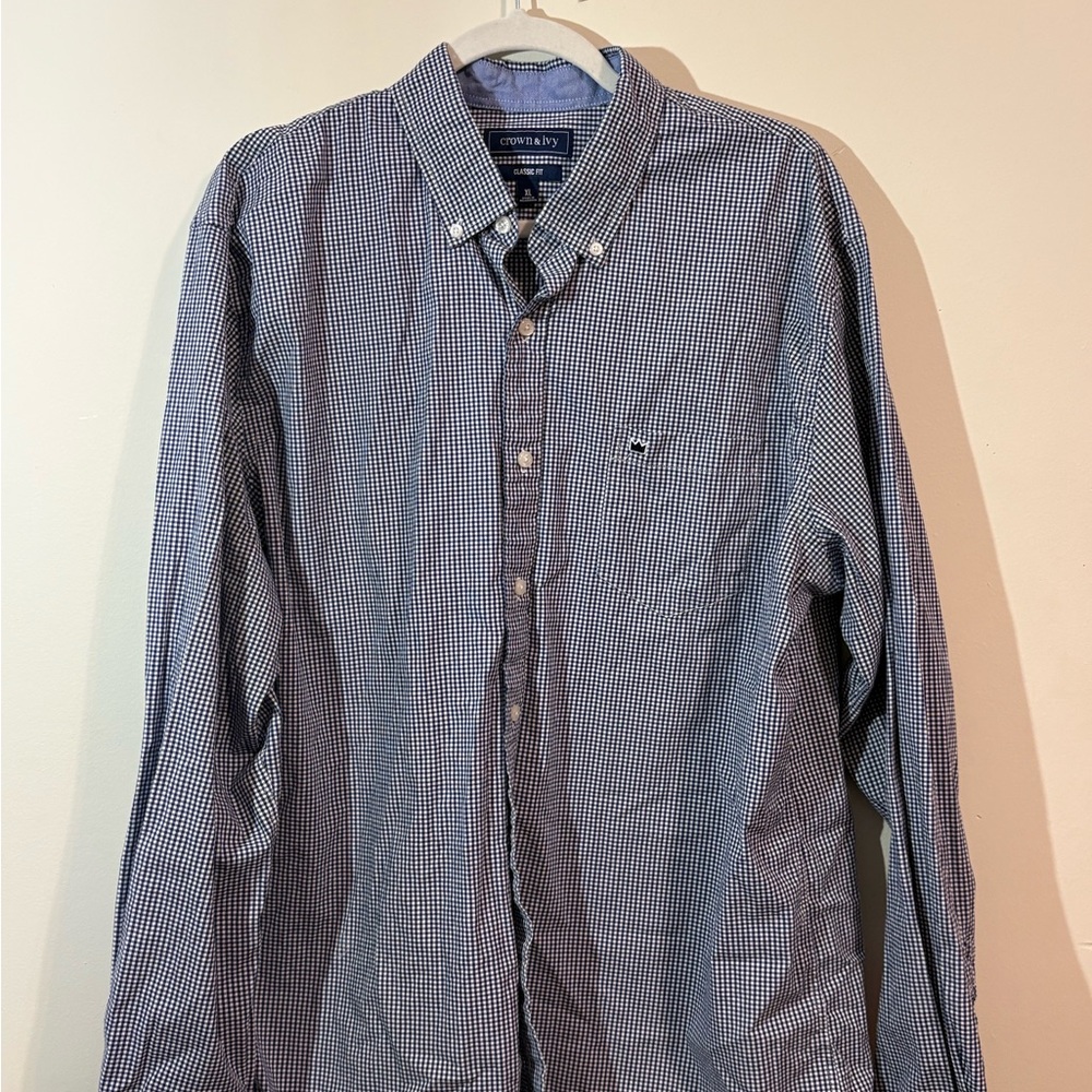 Crown & Ivy men's XL blue white plaid button-down long-sleeve cotton dress shirt